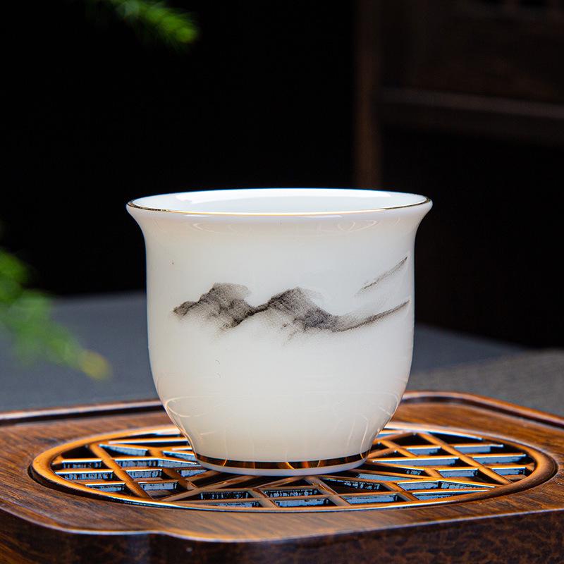 Sheep Fat Jade Ceramic Rose Tea Tasting Teacup, Personal Use Gongfu Set