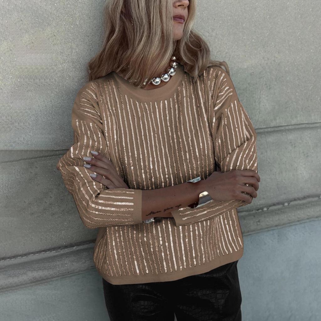 Women's Fashion Sequin Long Sleeved T-Shirt Round Neck Striped Pullover Top