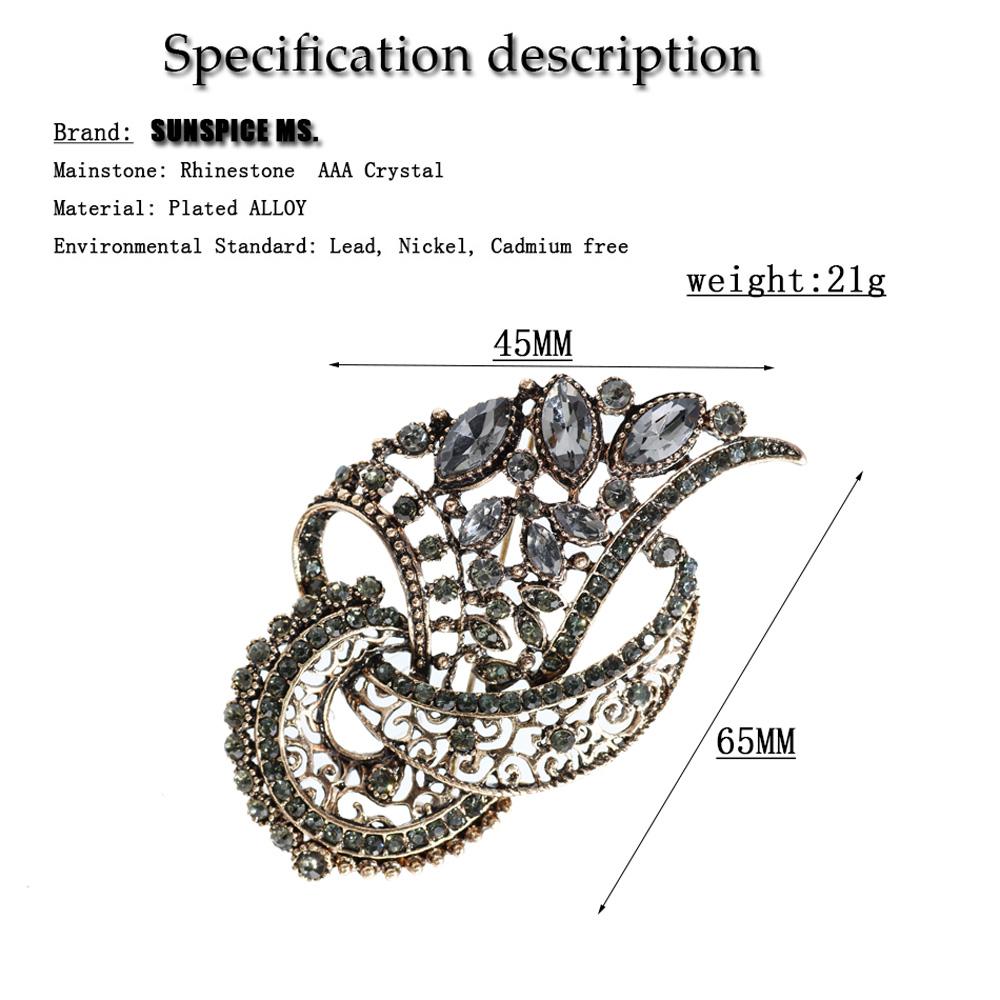 Fashion Floral Grey Stone Brooch Ladies Antique Gold Color Crystal Lapel Scarf Pin Jewelry Wholesale