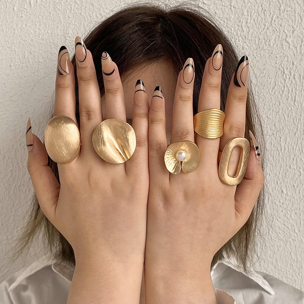 Fashion Elastic Rope Adjustable Rings for Women Men Irregular Geometric Matte Chunky Gold Color Finger Ring Charm Jewelry