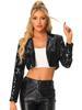 Allegra K Women's Halloween Costume Crop Jacket/Blazer, Long Sleeves, Luminous Sequins, Open Collar, Metallic Effect, Black, Size S