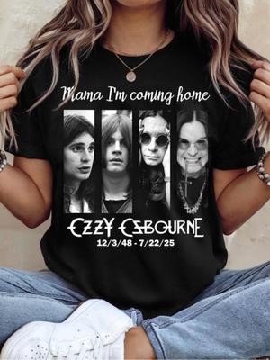 Women's Vintage Oz Commemorative T-Shirt, Black Band Shirt with Lyrics "Mama I'm Coming Home" - Oz Osborne Fan Soft Top