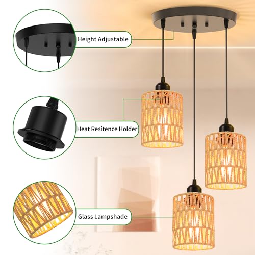 3 Light Farmhouse Pendant Lamp with Hand Woven Natural Rattan Shade  Industrial Kitchen Island Ceiling Light Fixture with E26 Base  Adjustable Height