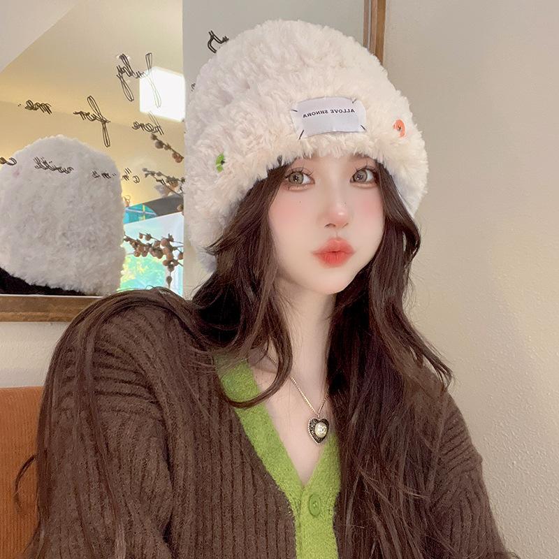 Wool Hat Color Button Fluffy Warm Knitted Hat Cute Fresh Autumn and Winter Versatile Cold Proof Scarf Trendy