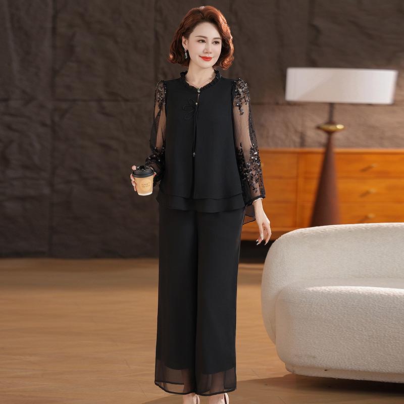 Chic Women's Suit: Mesh Sleeve Top & Wide-Leg Pants Set for Stylish Middle-Aged and Elderly Moms