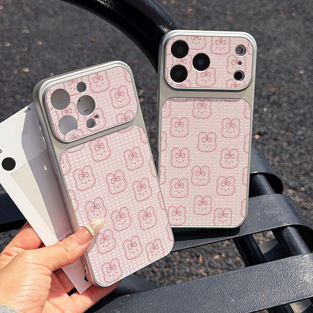 Summer Plaid Rabbit Bear Silver Frame Mobile Phone Case for iPhone17ProMax Large Window Soft Case All-inclusive