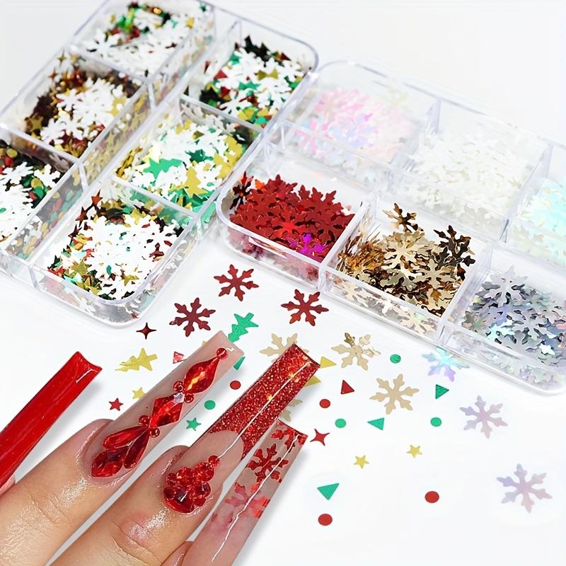 Christmas Theme Nail Glitter Sequins Set 3D Snowflakes Stars Xmas Tree Shapes, Hexagonal Mixed Flakes for DIY Winter Manicure