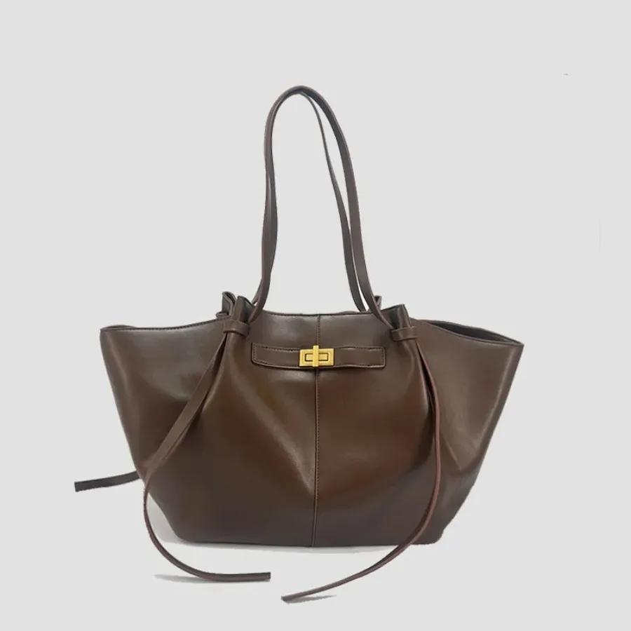 Fashi Trapezflügel Tragetasche für Damen Große Kapazität Umhängetasche Designer Metallverschluss PU-Leder Fledermausform Umhängetasche Handtasche 32x16x29cm kaffeebraun