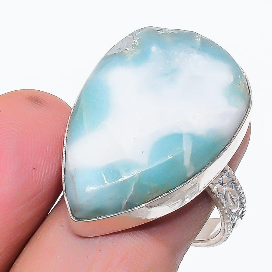 Natural Larimar Gemstone Handmade 925 Sterling Silver Jewelry Ring Size 9 W2p13
