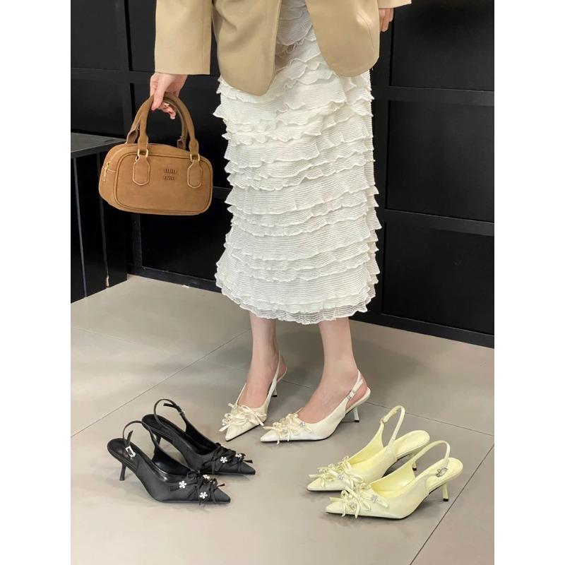 Fashion New Style Fashion Sexy Flower Pointed Toe Thin Low Heels Pumps Women Elegant Wedding Slingback Mules Shoes Zapatos De Mujer