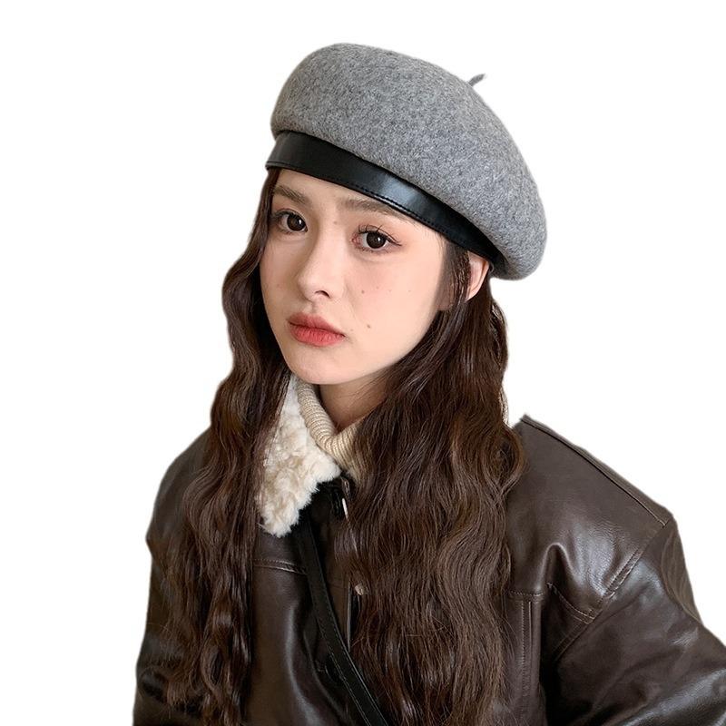 Retro Woolen Beret Autumn and Winter Warm PU All Match Hat for Women with Big Head Circumference Temperament Literary Pumpkin Hat Trend