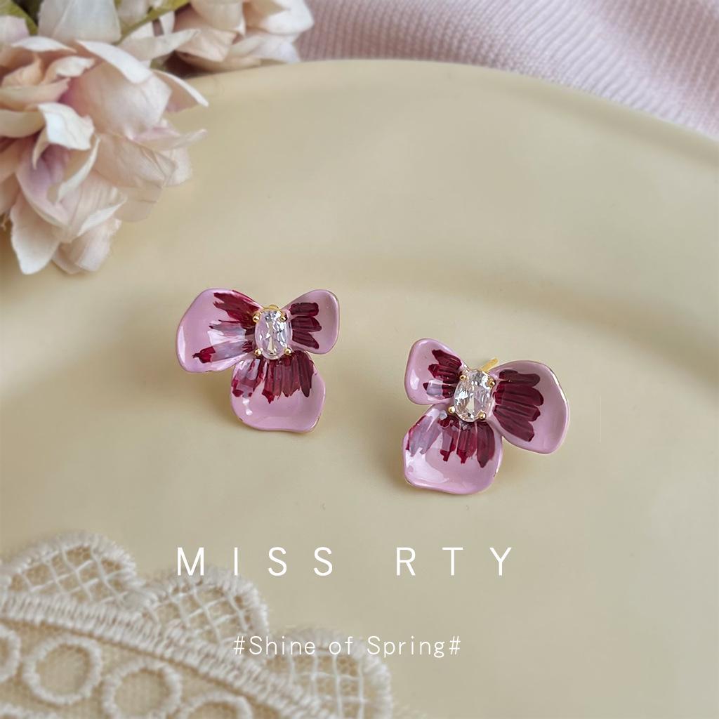 Elegant Pink Enamel Flower Earrings: Luxurious Gradient Drip Glaze Studs with Zirconia Detailing