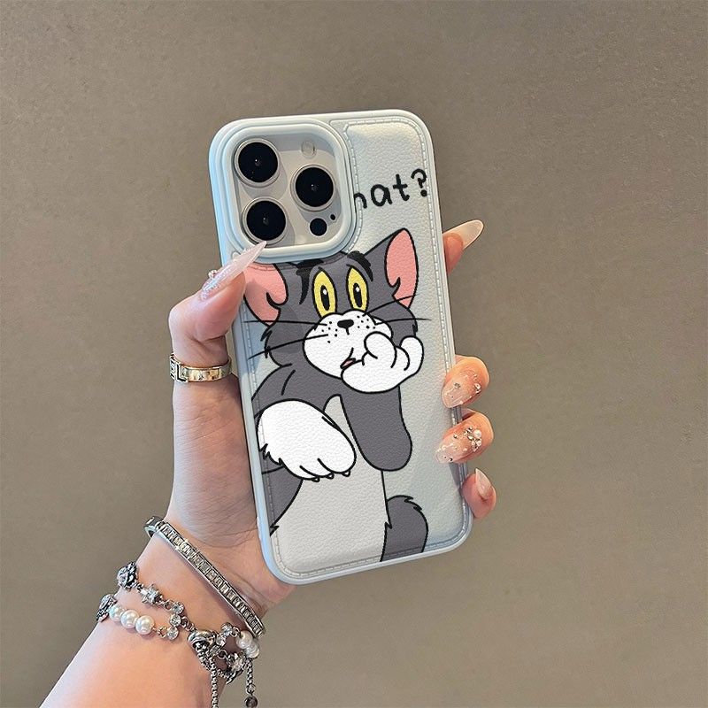 Cute Tom applies to Apple 17 mobile phone case iphone16pro15/14 anti-drop 13 all-inclusive 12 leather pattern large holes