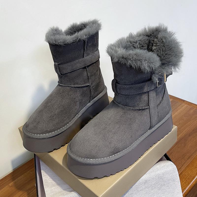 Women's Large Size Thick Bottom Heightening Winter Warm Fur One Snow Boots Padded Lined Ankle Boots Anti-slip Hiking Sneakers Cotton Boots