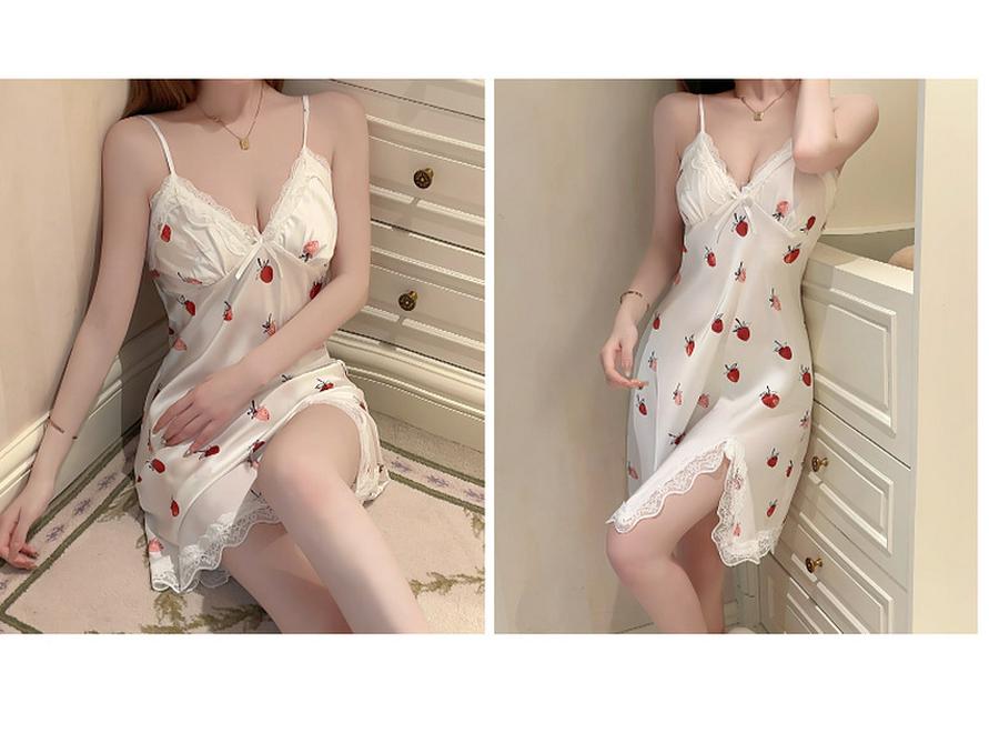 Women’s Sexy Lace Spaghetti Strap Ice Silk Nightgown Pajamas with Chest Pad - Summer Sweet Print