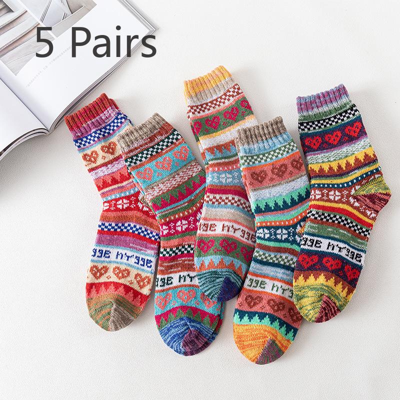 

5 пар женских осенне-зимних носков из кроличьей шерсти с толстой вязкой в этническом стиле 5 Pairs