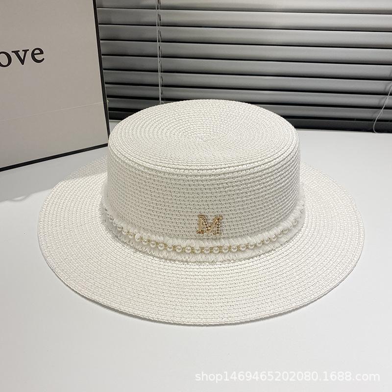 

Women s Sun Hat Straw Woven Flat Top Pearl Lace French Hepburn Style Sun Protection for Spring Summer Beach Trip Outdoor Outings M 56-58cm