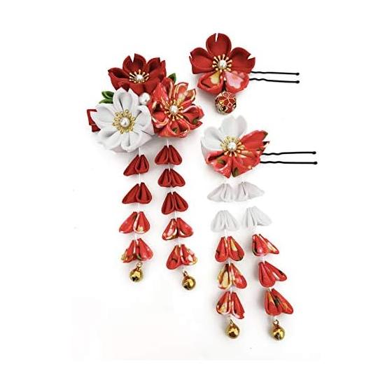 JZOON 3-Piece Kanzashi Hair Accessory Set - Tsumami Zaiku Style, Chrysanthemum, Cherry Blossom, Butterfly, with Bells - Handmade - Red, Blue, Purple,