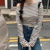 Camisa feminina estilo sul-coreano chique listrada com ombros de fora, mangas compridas, slim, roupa íntima, camisa de fundo retrô para mulheres
