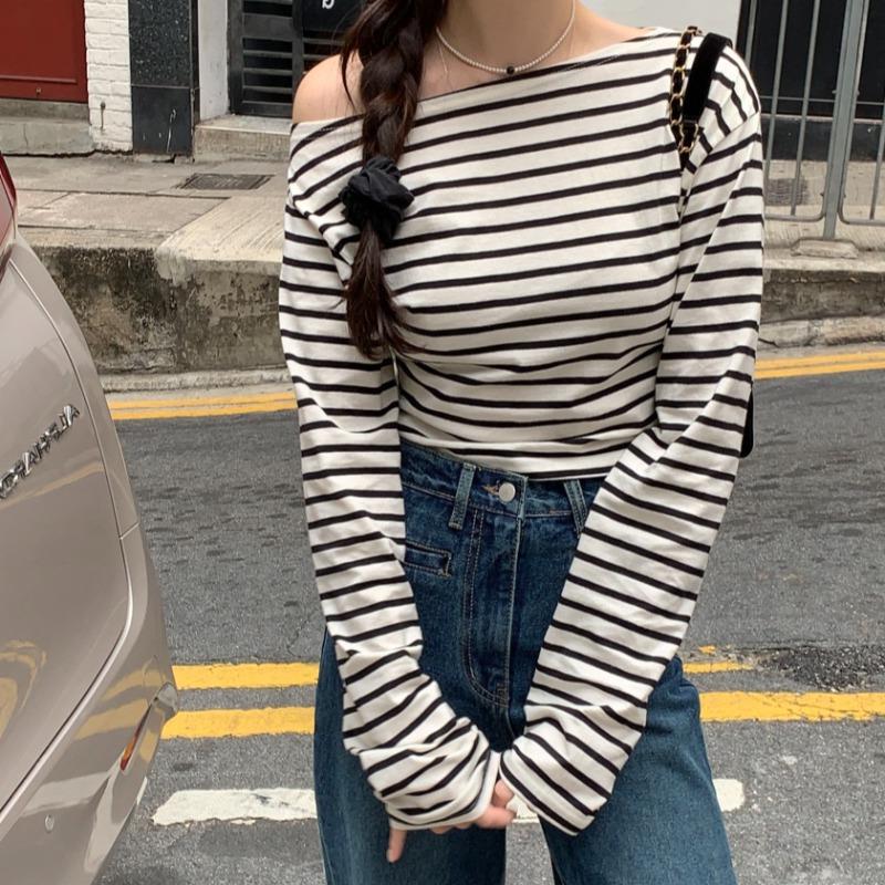 Camisa feminina estilo sul-coreano chique listrada com ombros de fora, mangas compridas, slim, roupa íntima, camisa de fundo retrô para mulheres