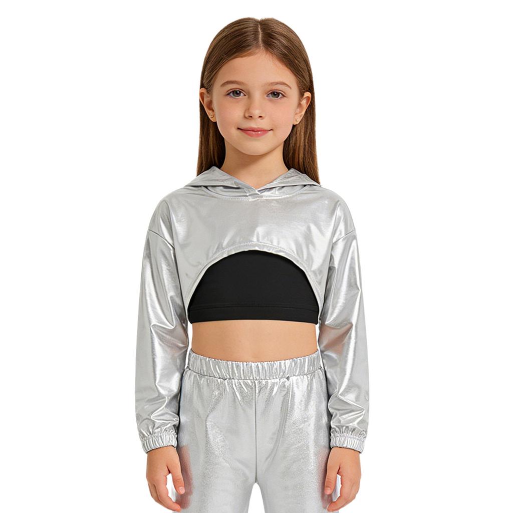 Παιδικό Φούτερ με Κουκούλα Χορευτικό Στυλ Δρόμου για Κορίτσια: Γυαλιστερό Μεταλλικό Κοντό Τοπ με Ασύμμετρο Τελείωμα & Μακριά Μανίκια για Αγώνα
