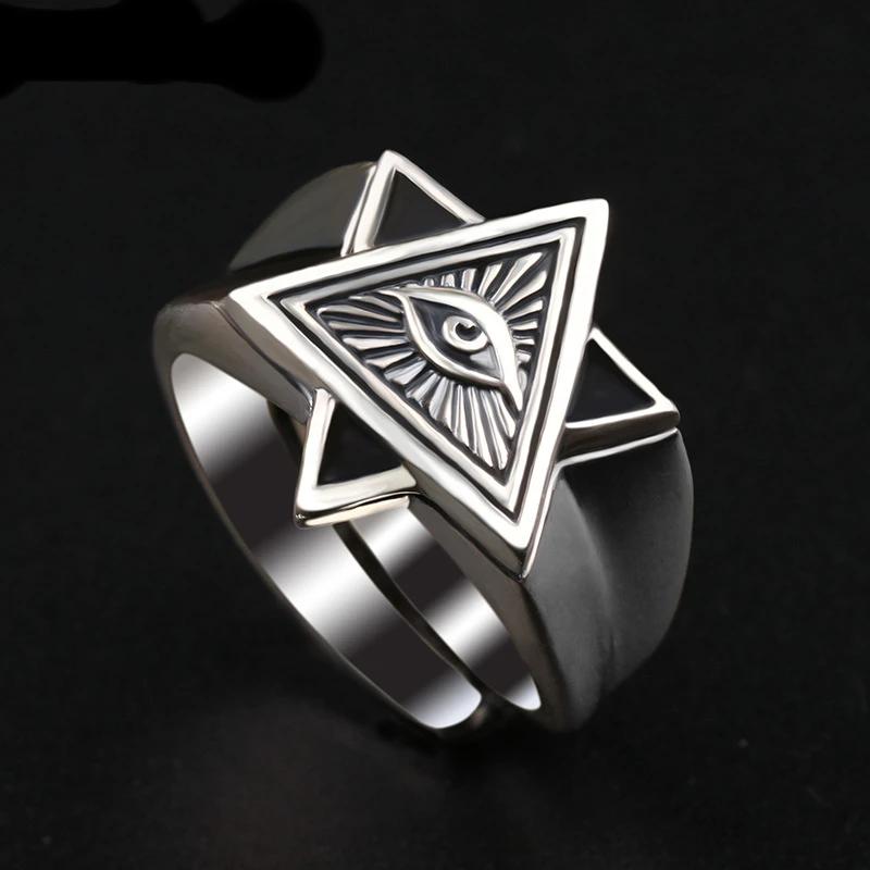 Retro Poseidon Compass Ring Silver-Plated Adjustable Hexagram Opening Jewelry Gift for Men and Women Hip-Hop Trend