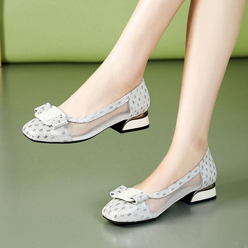 Scarpe Eleganti con Tacco Basso, Punta Tonda, in Rete Traspirante con Fiocco per Donna, Comode, Alta Qualità, Ultimo Modello alla Moda