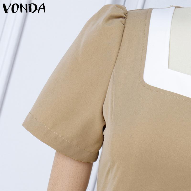 VONDA Women Square Collar Short Sleeve Stitching Pocket Casual Thigh Length Dress