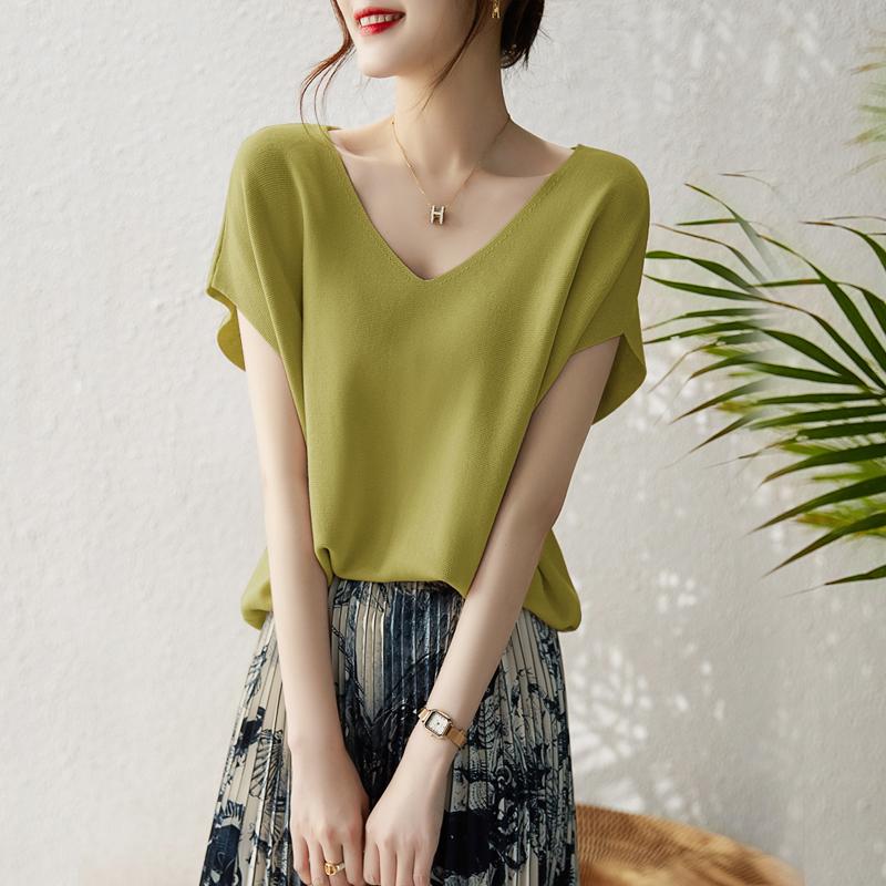 Summer New Thin Fashion Bat Sleeve Casual Loose Knitted Shirt Women Solid Elegant Ice Silk Blouse Women Simple Slim Office Ladies Shirts Tops 26633