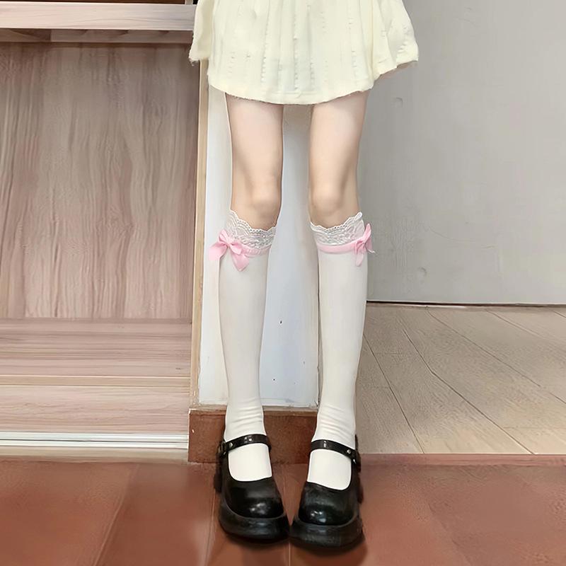 Lolita Lace Frill Mid-Calf Socks with Bow Ribbon - White Ballet Style JK Knee-Highs for Spring & Autumn