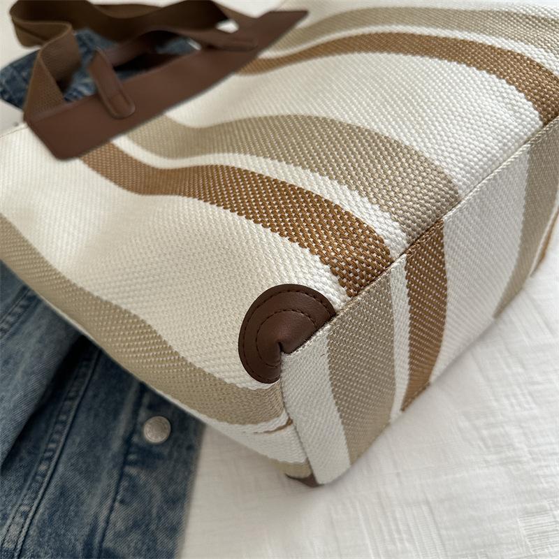 Women Large Capacity Striped Shoulder Bucket Bags Shopping Totes Contrast Color Commute Shopper Handbags