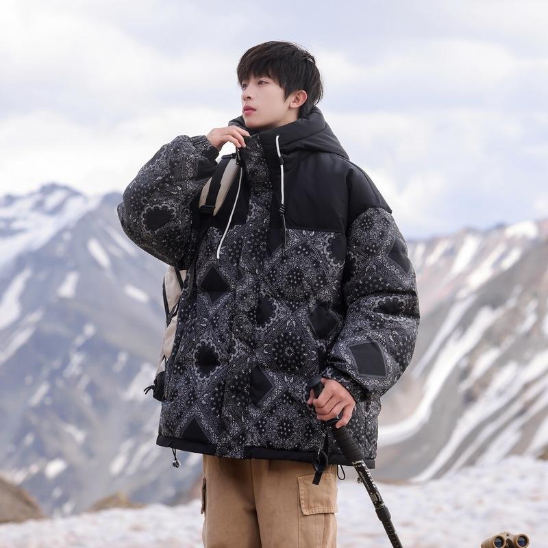 Winter New Hooded White Duck Down Jacket Letter Graffiti Printing Contrasting Color Youth Popular Warm Jacket