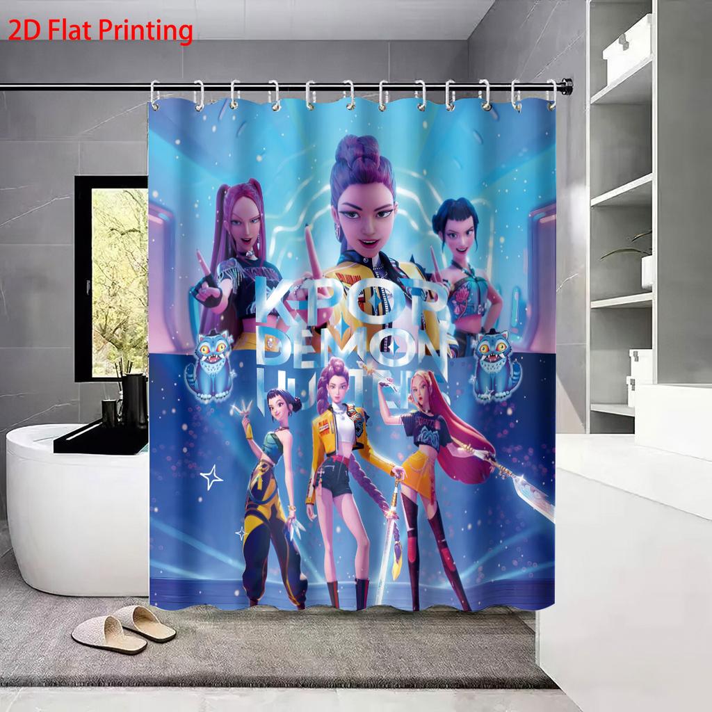 4 stk K-Pop Demon Hunters trykk baderomsett 180x180 vanntett dusjforheng 12 kroker gulvmatte, toalettsete, U-formet pute