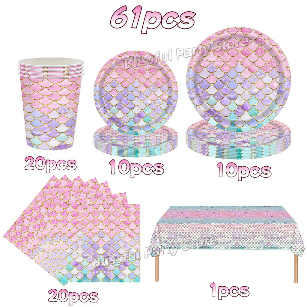 Mermaid Birthday Party Decorations Tableware Plate Cup Napkin Balloon Hanging Banner Party Decor Girl Favor Baby Shower Supplies