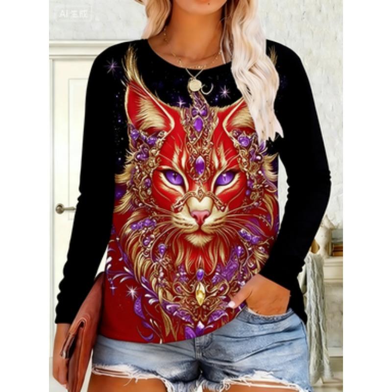 

Women s Plus Size Oversized 3D Cat Print Crew Neck Long Sleeve T-Shirt 8XL