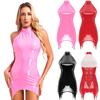 Women’s Glossy Mini Club Dress S-5XL Halter Sleeveless Patent Leather Bodycon with Garter Clips and Back Zipper