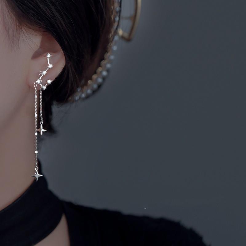 Korean Style Silver Color Asymmetric Star Long Tassel Fashion Zircon Drop Earring for Girl Women Birthday Gifts Wholesale