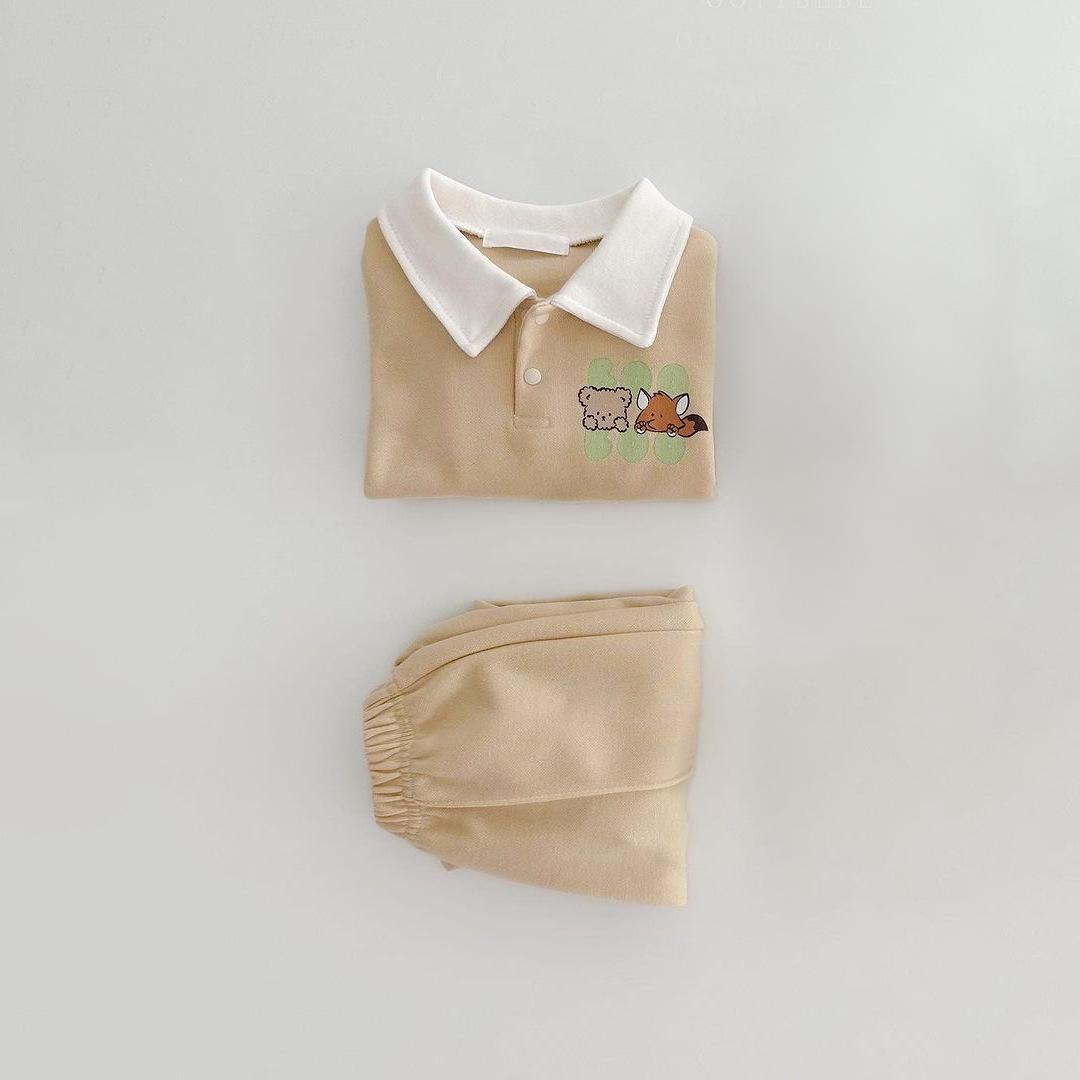 

2025 Korean Cartoon Print Polo Collar Top & Casual Pants Set for Toddlers - Cotton, Spring/Autumn, Unisex 80cm