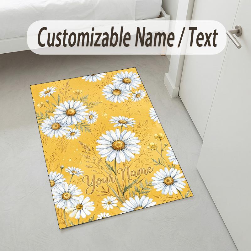 Yellow Daisies Theme Soft Crystal Velvet Rug Custom Name & Text Print Non Slip Floor Rug for Bedroom Living Room