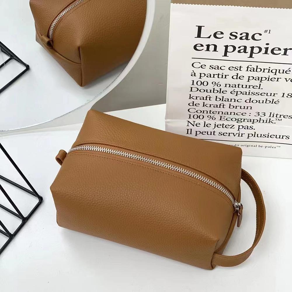 High Quality Soft Solid Color Leather Makeup Storage Pouch Portable Sport Outdoor Cosmetic Bag for Travel Handle Wash Bag