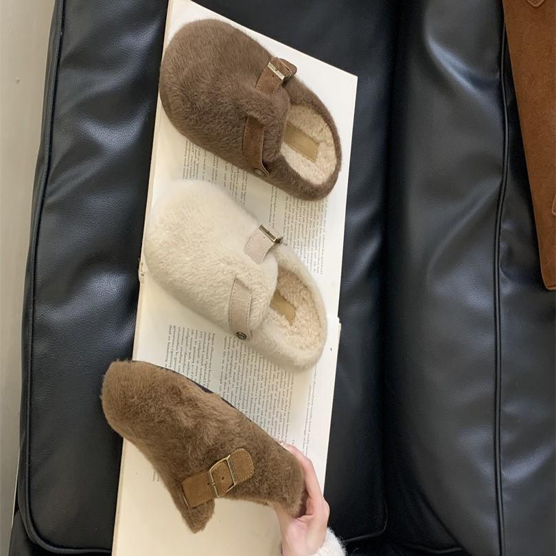 Foreign trade bag head slippers women's new warm and comfortable flat-bottomed lazy slippers in autumn and winter 2025