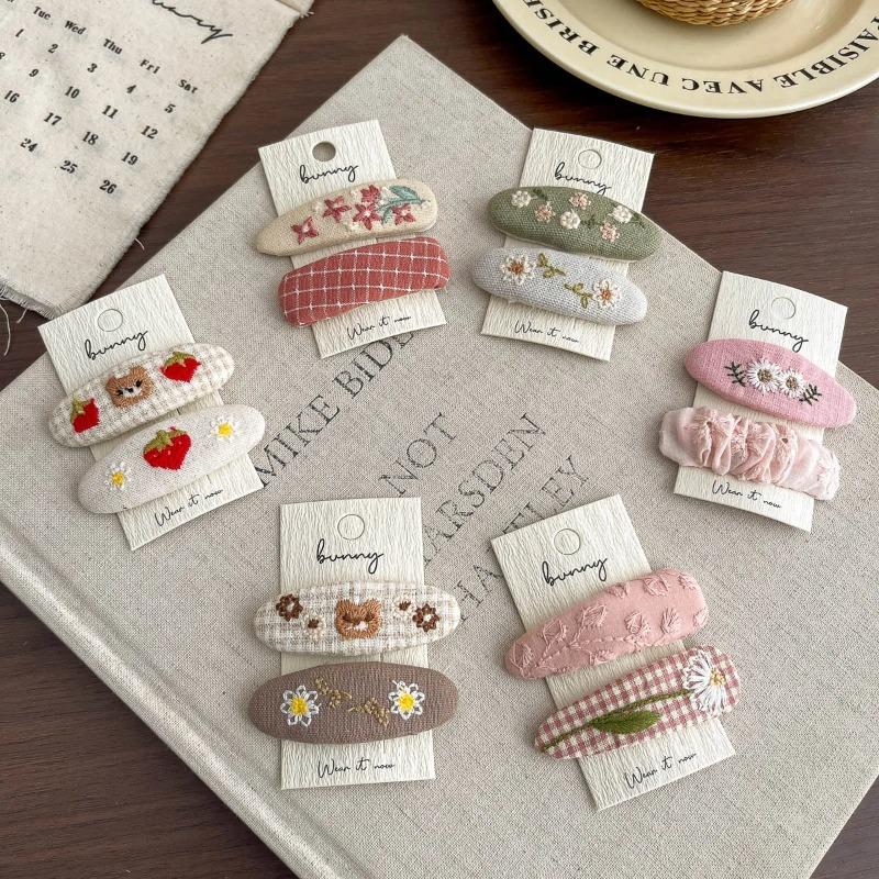 2Pcs Embroidery Flower Children's Hairpin Sweet Hair Clip Bangs Side Clip Hairpin Barrettes Headwear Hair Accessories Headdress