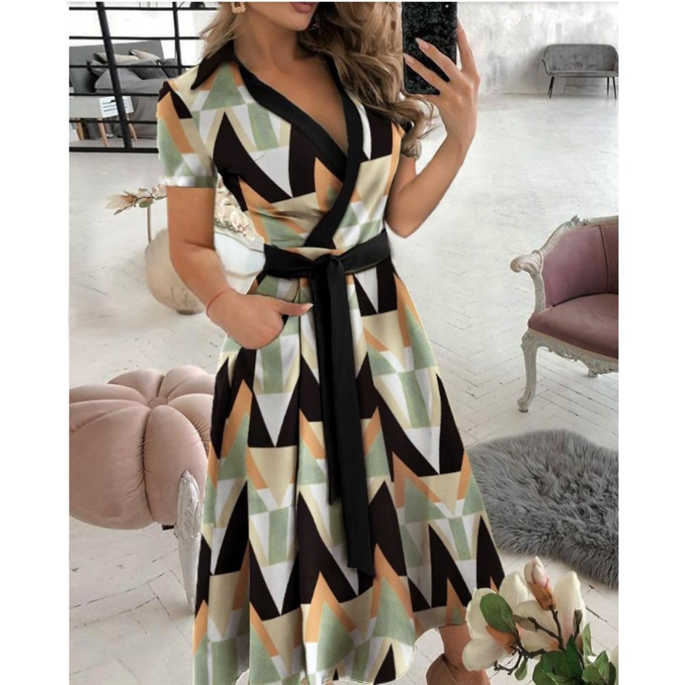 HNXC Women's Fashion Summer Spring Solid Color Print Short Sleeve V-Neck Casual Dresses