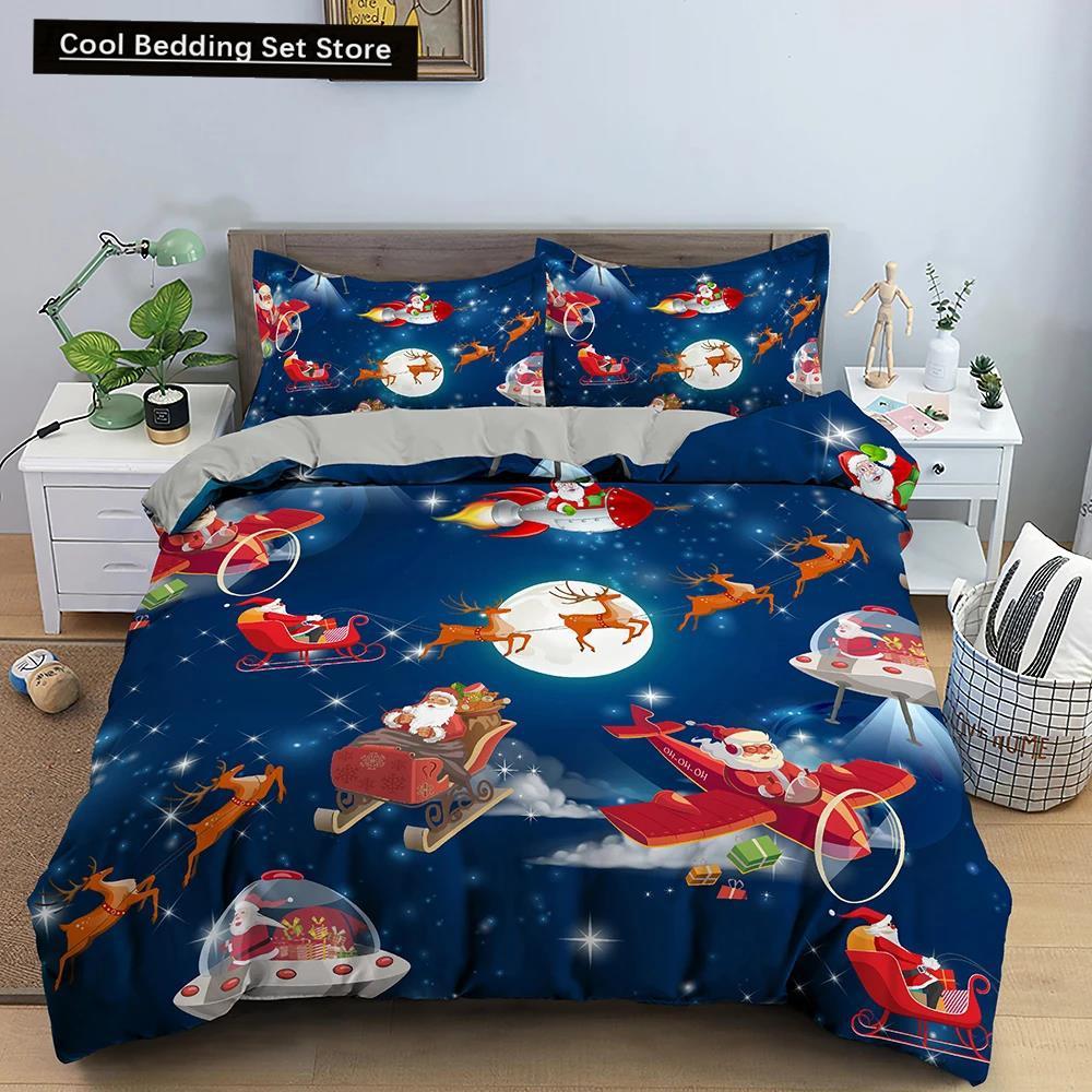 Santa Claus Pattern Bedding Set Christmas Deer Duver Cover Set for Kids Boys Girls Quilt Cover Queen Polyester Comforter Cover