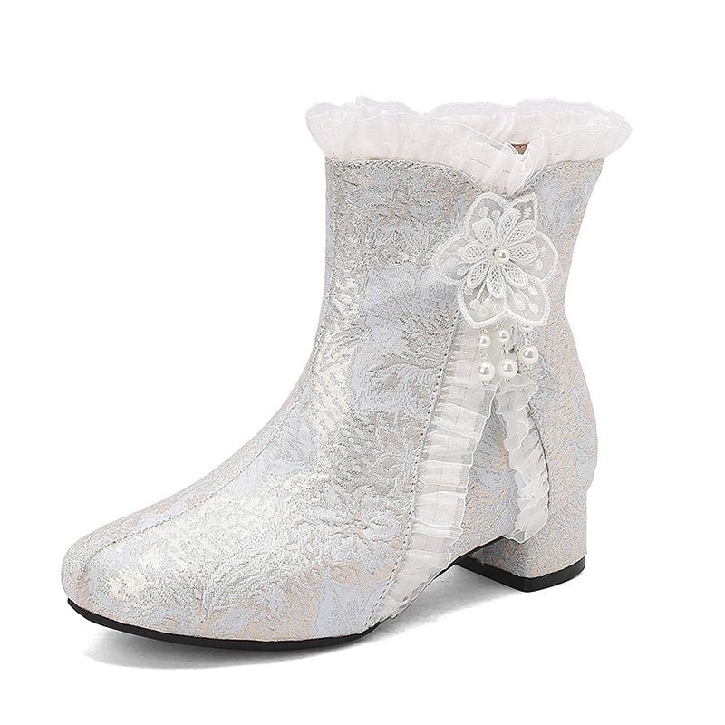 Embroidery Flower Guofeng Mary Jane Boots Lace Lotus Leaf Edge Short Parent-Child Boots Low Heel Student Boots Size 28-43