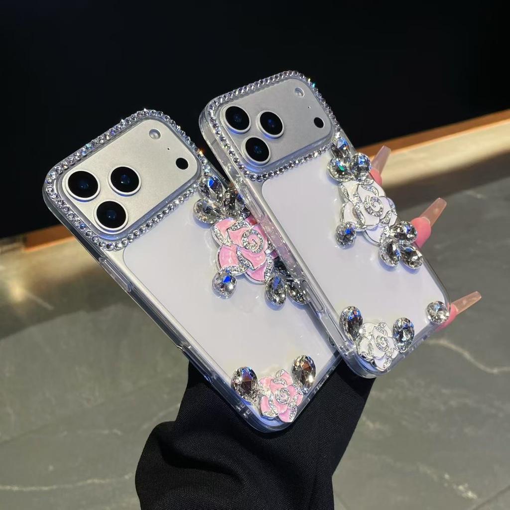 For Apple Ins Style Transparent Mobile Phone Case for IPhone17 Rhinestone 16 Rose Three-dimensional 15 Light Luxury Xsmax Hard