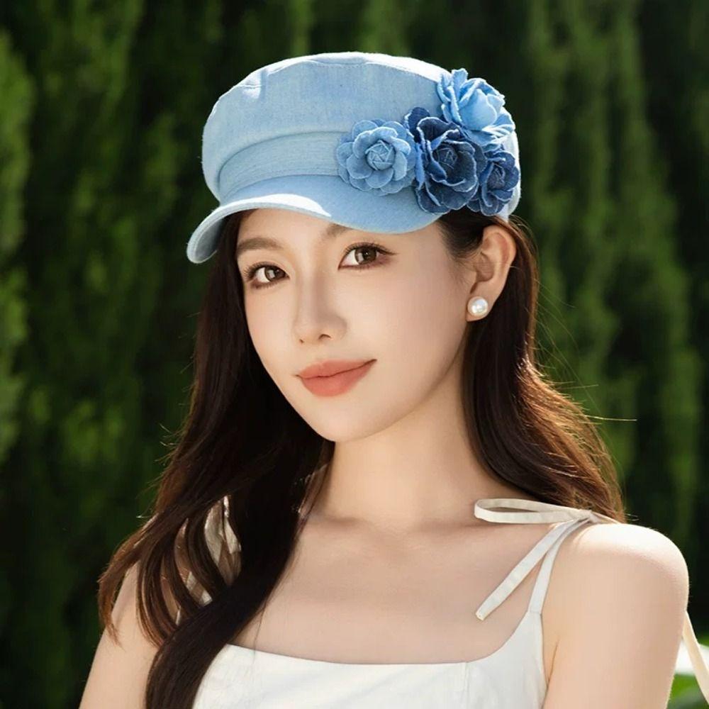 Adjustable Flower Flat Top Hat Artistic Painter Caps Niche Design Denim Camellia Beret Hat  Girl