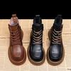 Round Toe Platform Lace-up Booties Leather Fleece-Lined Ankle Boots for Women Autumn Winter Trend 2025 Goth Woman Short Shoes