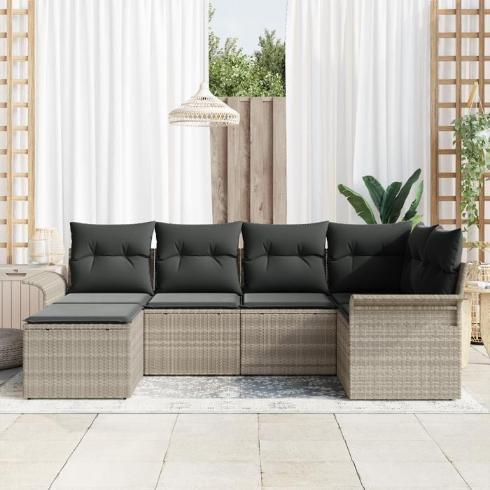 Ensemble de canapé de jardin 6 pièces avec coussins gris clair poly rattan, Canapé de jardin 2 places avec rangement 3354101