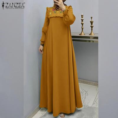 Women Casual Round Neck Loose Long Sleeve Floral Embroidery Dress